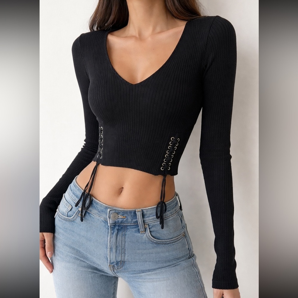 Ambiance Black Ribbed Long Sleeve Top